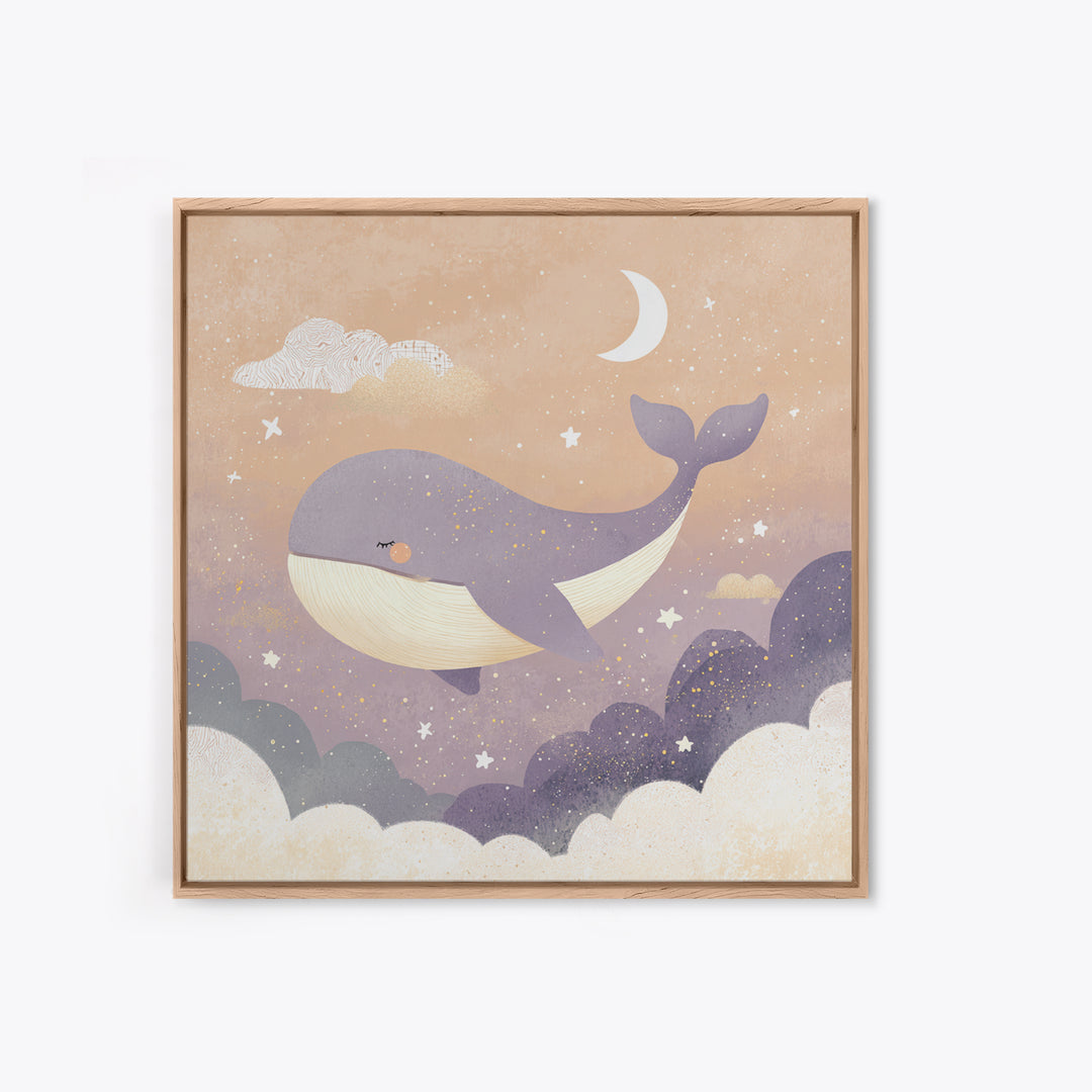 Baby Whale Swimming Through Stars Framed Canvas Print, Nursery Decor, Gallery Decor, Fine Art, Nursery, Wall Art, Home Decor, NDE-1x1-32