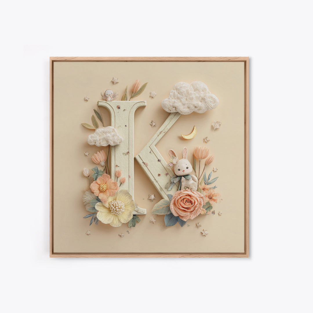 Soft Floral Initial Frame Without Letters Framed Canvas Print, Nursery Decor, Boy Nursery Decor, Fine Art, Nursery, NDE-1x1-34