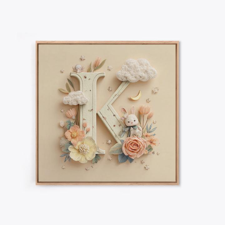 Soft Floral Initial Frame Without Letters Framed Canvas Print, Nursery Decor, Boy Nursery Decor, Fine Art, Nursery, NDE-1x1-34