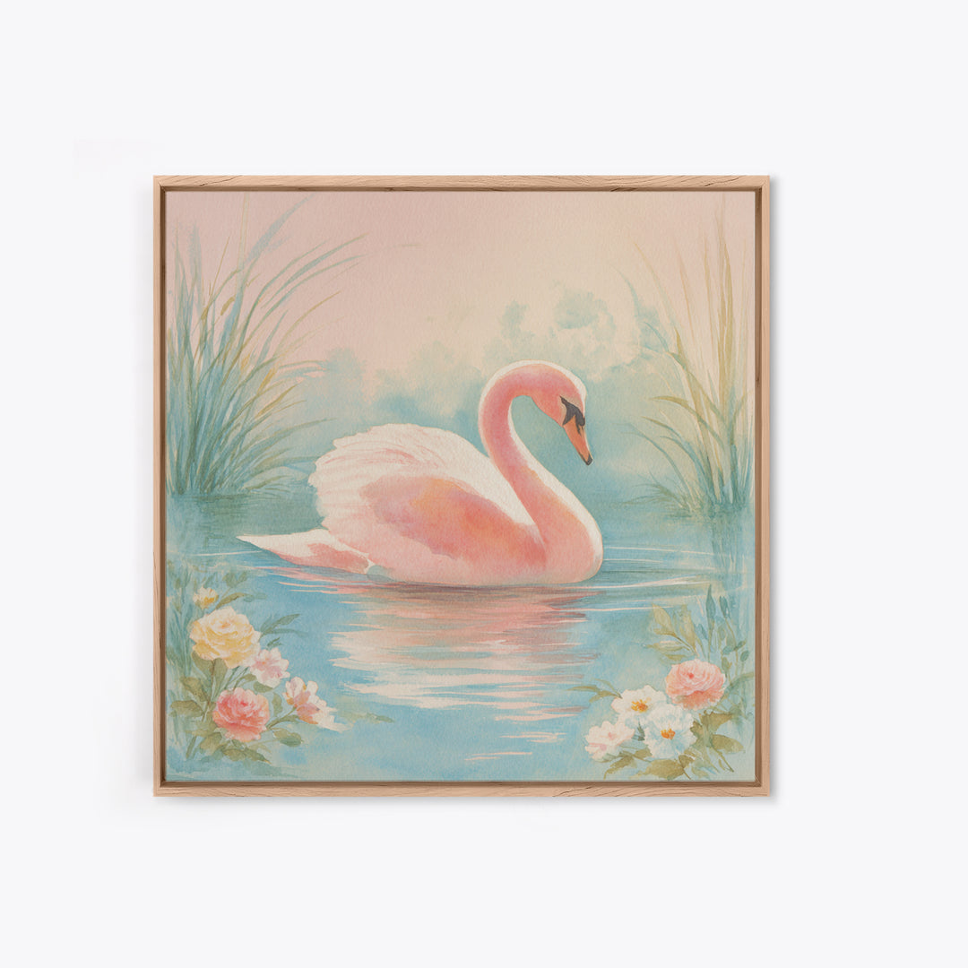 Pink Swan on Calm Pond Framed Canvas Print, Nursery Decor, Boho Decor, Oil Painting, Nursery, Nursery Wall Art, Framed Wall Art, NDE-1x1-37