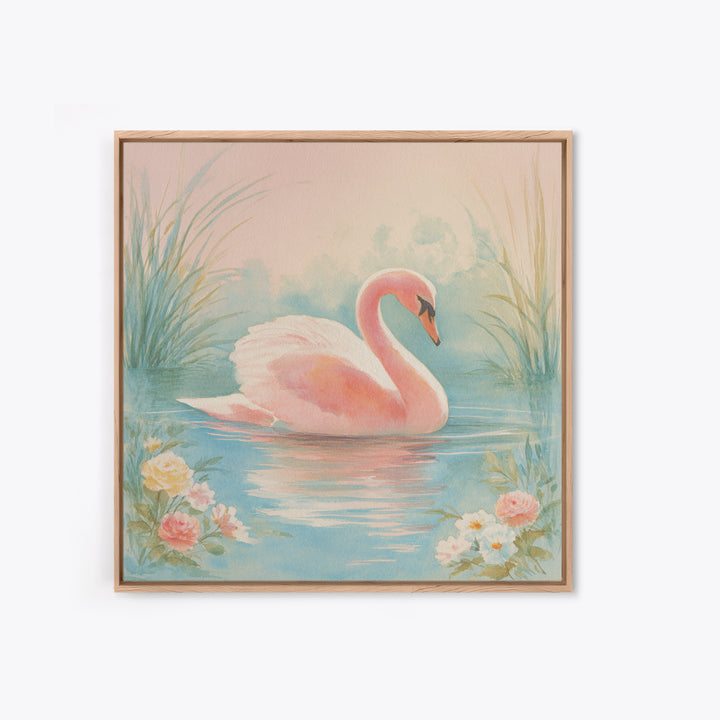 Pink Swan on Calm Pond Framed Canvas Print, Nursery Decor, Boho Decor, Oil Painting, Nursery, Nursery Wall Art, Framed Wall Art, NDE-1x1-37