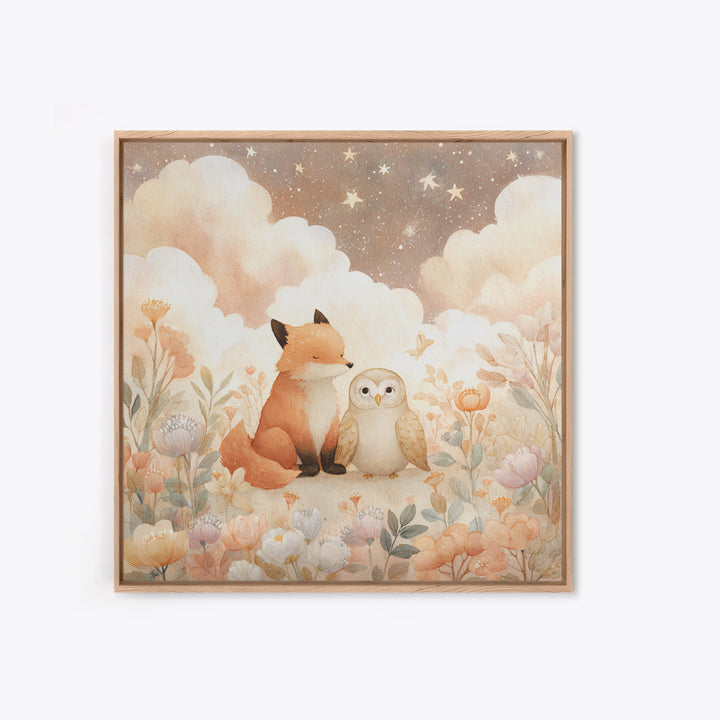 Fox and Owl Friends Framed Canvas Print, Nursery Decor, Gallery Decor, Fine Art, Nursery, Wall Art, Home Decor, Wall Decor, NDE-1x1-38