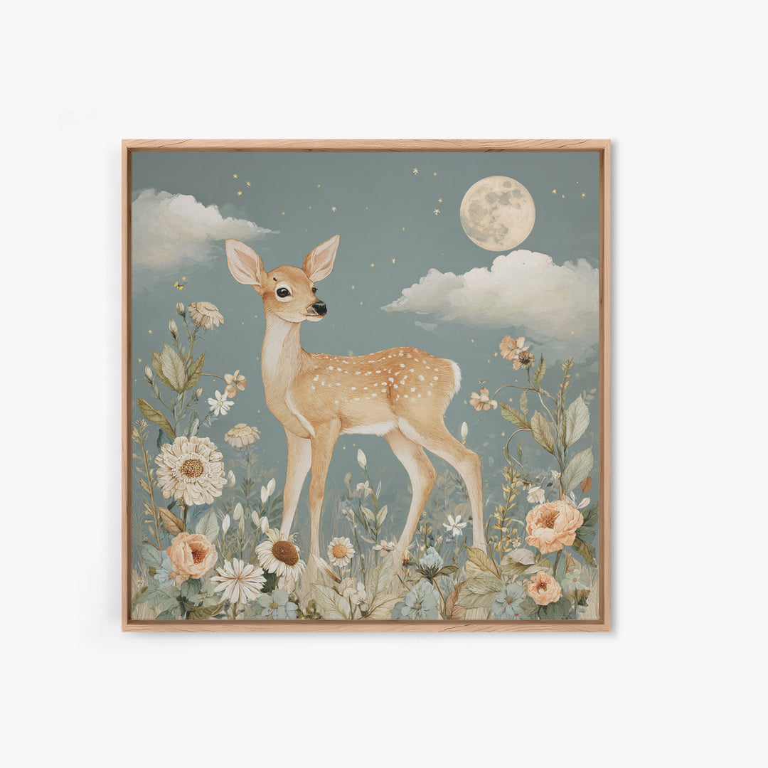 Baby Deer in Meadow with Fireflies Framed Canvas Print, Nursery Decor, Nursery Wall Decals, Oil Painting, Nursery, NDE-1x1-46