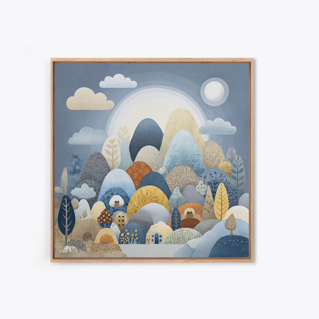 Calm Mountain Nursery Landscape Framed Canvas Print, Nursery Decor, Art Print, Oil Painting, Nursery, Woodland Nursery Decor, NDE-1x1-48