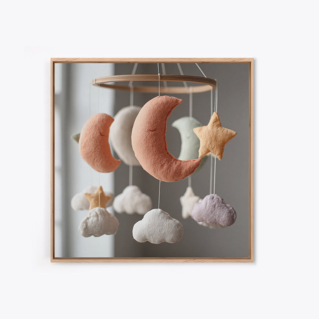 Moon Phase Mobile Framed Canvas Print, Nursery Decor, Nursery Wall Decal, Oil Painting, Nursery, Minimalist Decor, NDE-1x1-51