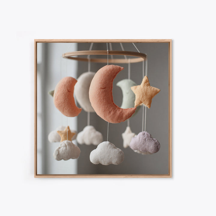 Moon Phase Mobile Framed Canvas Print, Nursery Decor, Nursery Wall Decal, Oil Painting, Nursery, Minimalist Decor, NDE-1x1-51