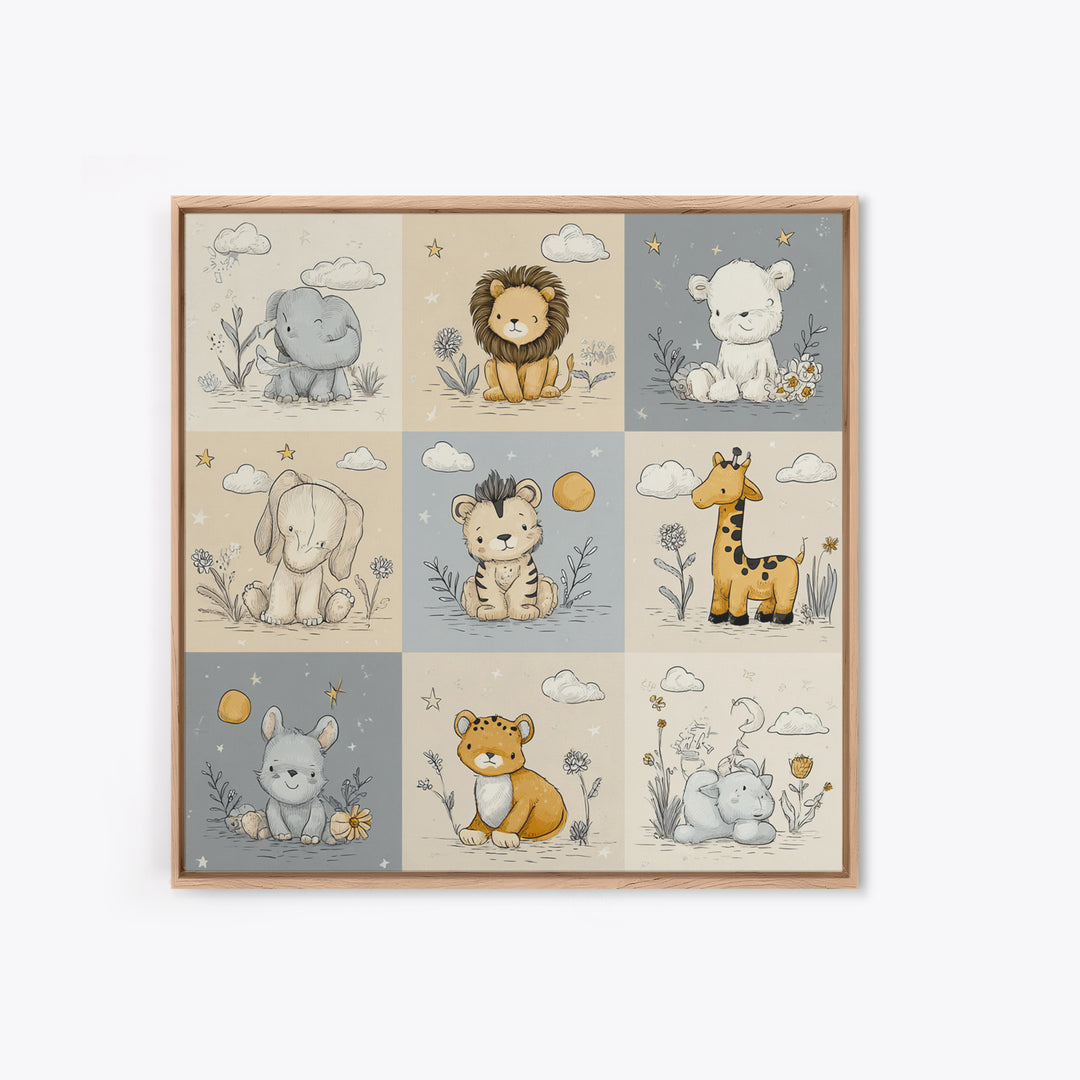 Cute Safari Animals Framed Canvas Print, Nursery Decor, Floral Wall Art, Fine Art, Nursery, Gallery Decor, Neutral Decor, NDE-1x1-52