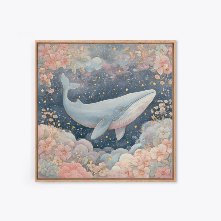 Baby Whale Swimming Through Stars Framed Canvas Print, Nursery Decor, Nursery, Fine Art, Nursery, Baby Girl Nursery Decor, NDE-1x1-56