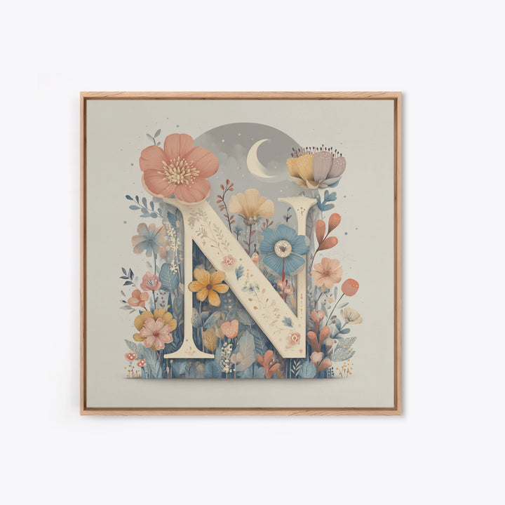 Soft Floral Initial Frame Without Letters Framed Canvas Print, Nursery Decor, Boy Nursery Decor, Fine Art, Nursery, NDE-1x1-58