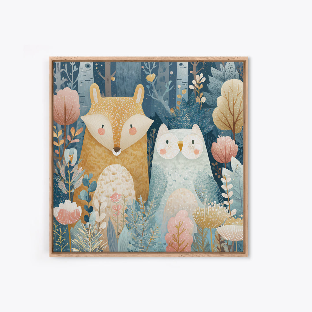 Fox and Owl Friends Framed Canvas Print, Nursery Decor, Gallery Decor, Fine Art, Nursery, Wall Art, Home Decor, Wall Decor, NDE-1x1-62