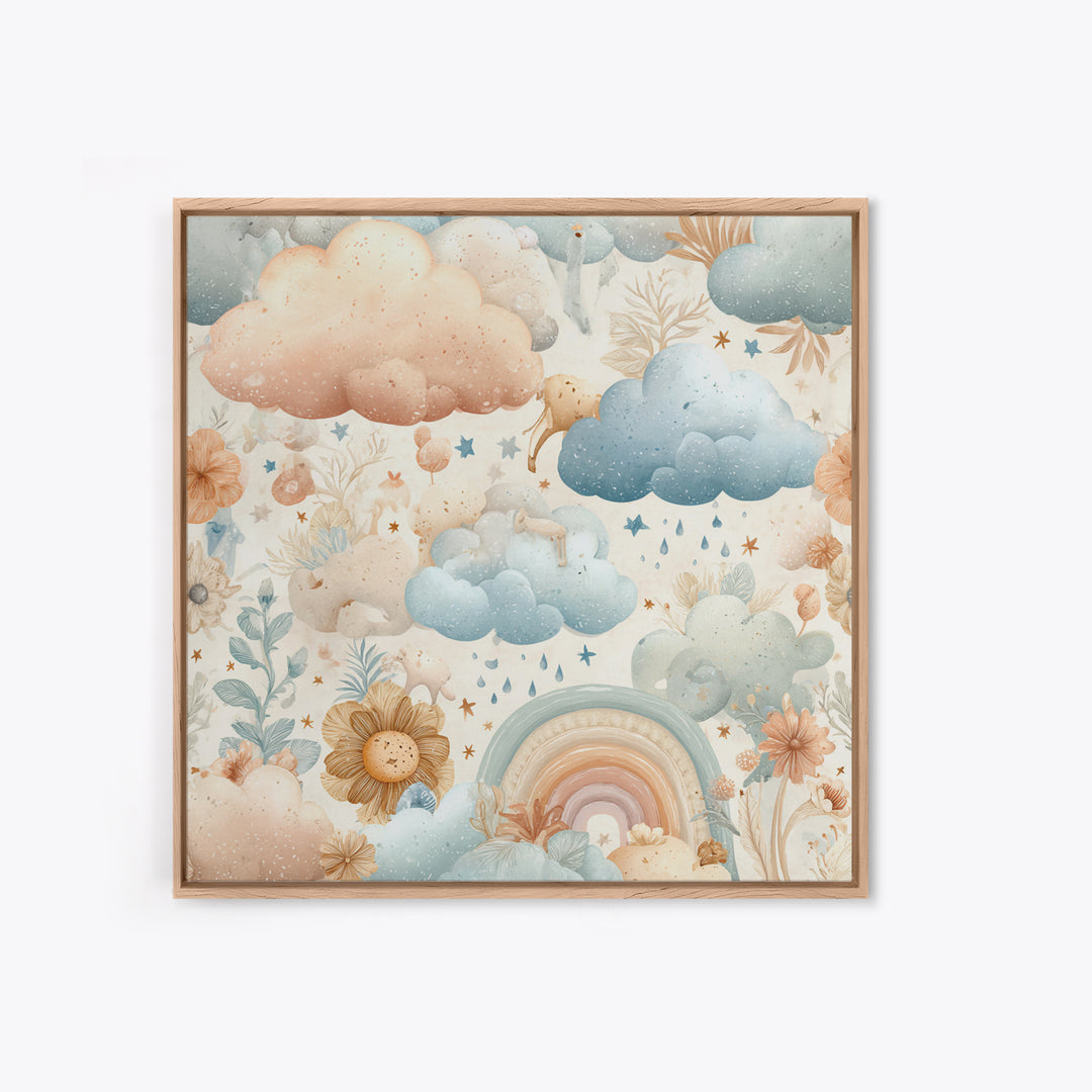 Cloud Rainbow and Raindrop Composition Framed Canvas Print, Nursery Decor, Wall Light, Fine Art, Nursery, Statement Artwork, NDE-1x1-68