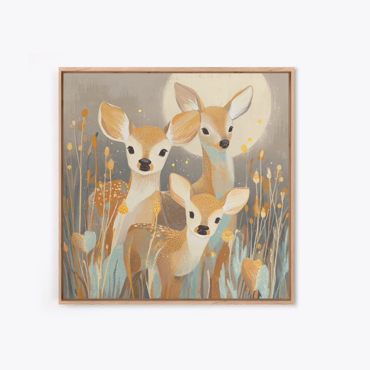 Baby Deer in Meadow with Fireflies Framed Canvas Print, Nursery Decor, Nursery Wall Decals, Oil Painting, Nursery, NDE-1x1-70