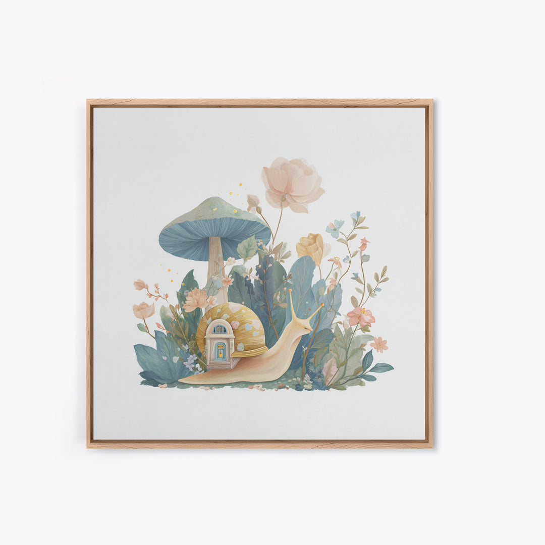 Garden Snail with Mushroom House Framed Canvas Print, Nursery Decor, Woodland Nursery, Watercolor Art, Nursery, NDE-1x1-71