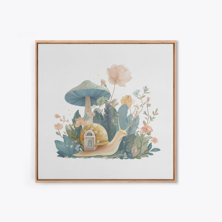 Garden Snail with Mushroom House Framed Canvas Print, Nursery Decor, Woodland Nursery, Watercolor Art, Nursery, NDE-1x1-71