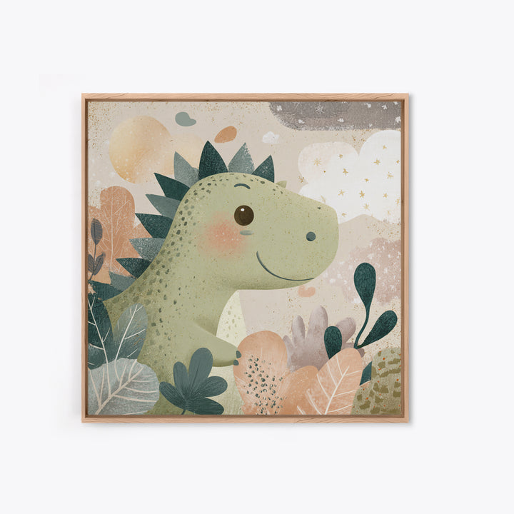 Gentle Dinosaur Family Framed Canvas Print, Nursery Decor, Boho Decor, Oil Painting, Nursery, Nursery Wall Art, Framed Wall Art, NDE-1x1-79