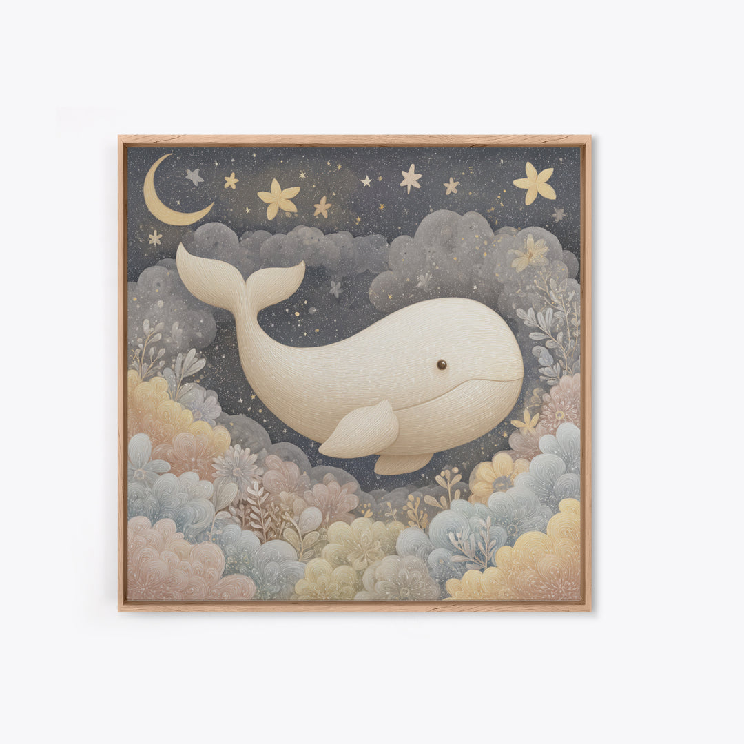 Baby Whale Swimming Through Stars Framed Canvas Print, Nursery Decor, Framed Wall Art, Fine Art, Nursery, Safari Nursery Decor, NDE-1x1-8