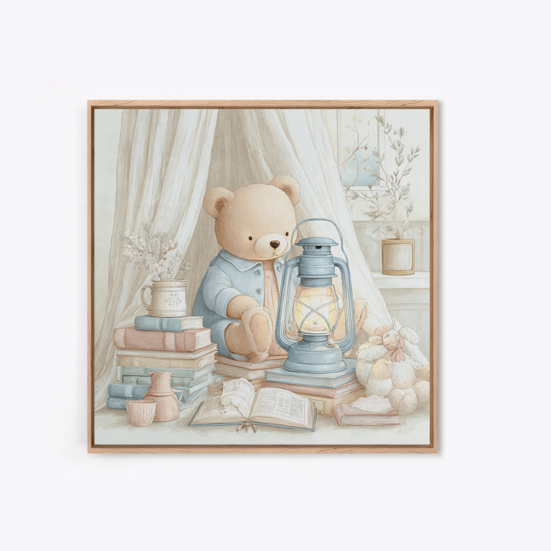 Storybook Bear with Little Lantern Canvas Print, Nursery Decor, Art Print, Fine Art, Nursery, Woodland Nursery Decor, NDE-1x1-81