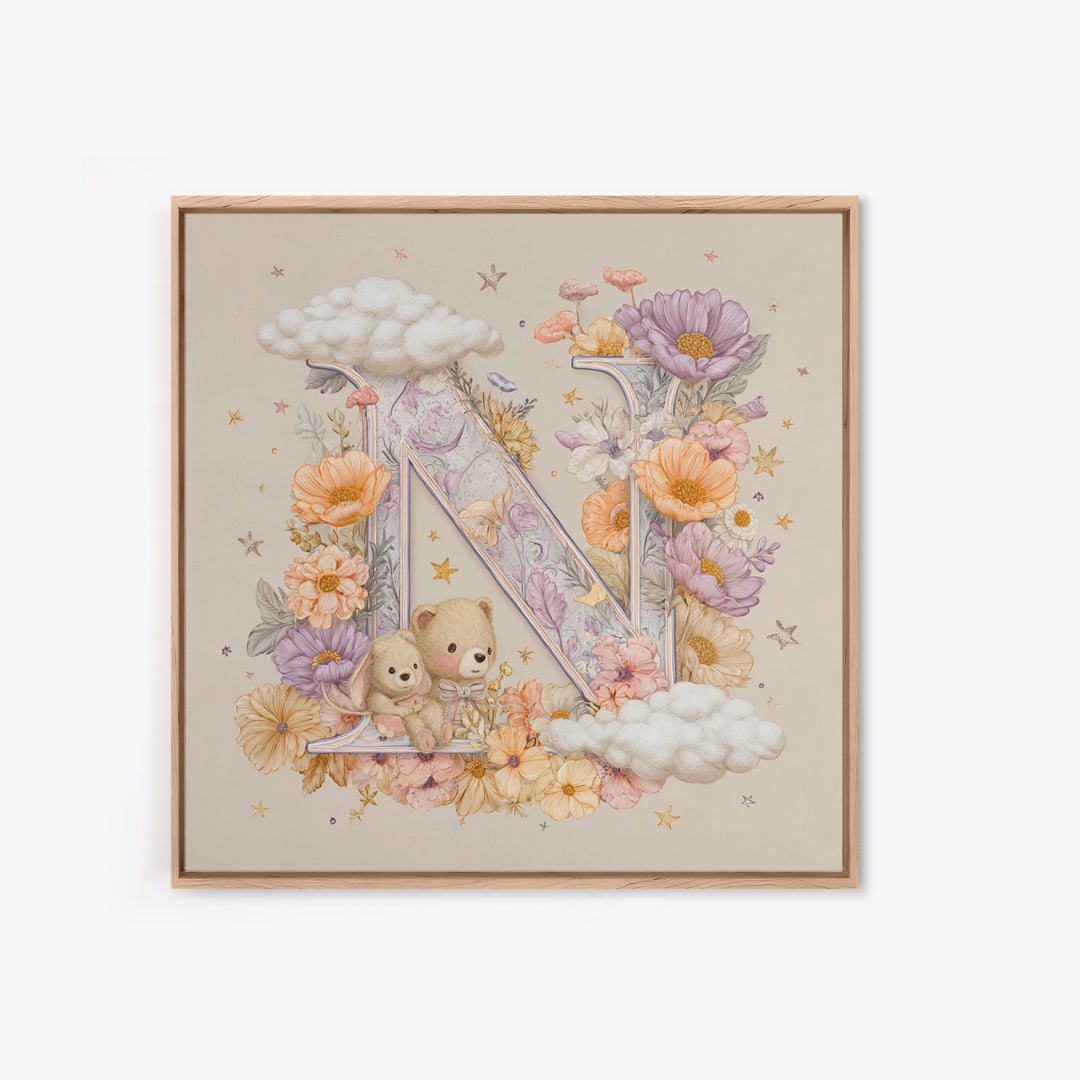 Soft Floral Initial Frame Without Letters Canvas Print, Nursery Decor, Boho Decor, Fine Art, Nursery, Nursery Wall Art, NDE-1x1-82