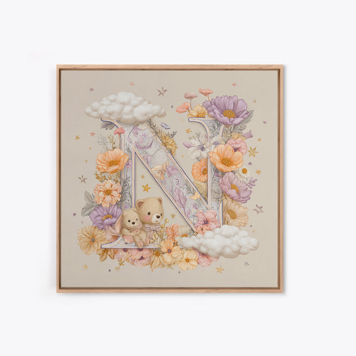 Soft Floral Initial Frame Without Letters Canvas Print, Nursery Decor, Boho Decor, Fine Art, Nursery, Nursery Wall Art, NDE-1x1-82