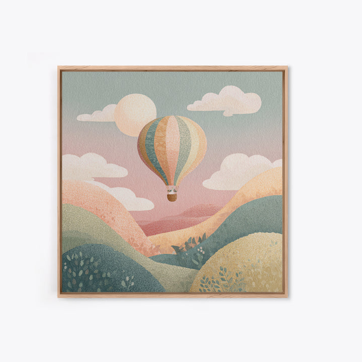Hot Air Balloon Drifting Framed Canvas Print, Nursery Decor, Kids Wall Art, Abstract Art, Nursery, Room Decor, NDE-1x1-84