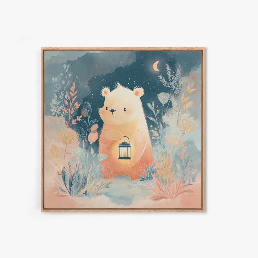 Storybook Bear with Little Lantern Canvas Print, Nursery Decor, Statement Artwork, Fine Art, Nursery, Printable Wall Art, NDE-1x1-9