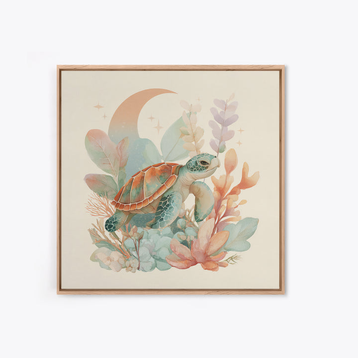 Tiny Turtle with Sea Plants Canvas Print, Nursery Decor, Room Decor, Fine Art, Nursery, Framed Wall Art, Bedroom Decor, NDE-1x1-91