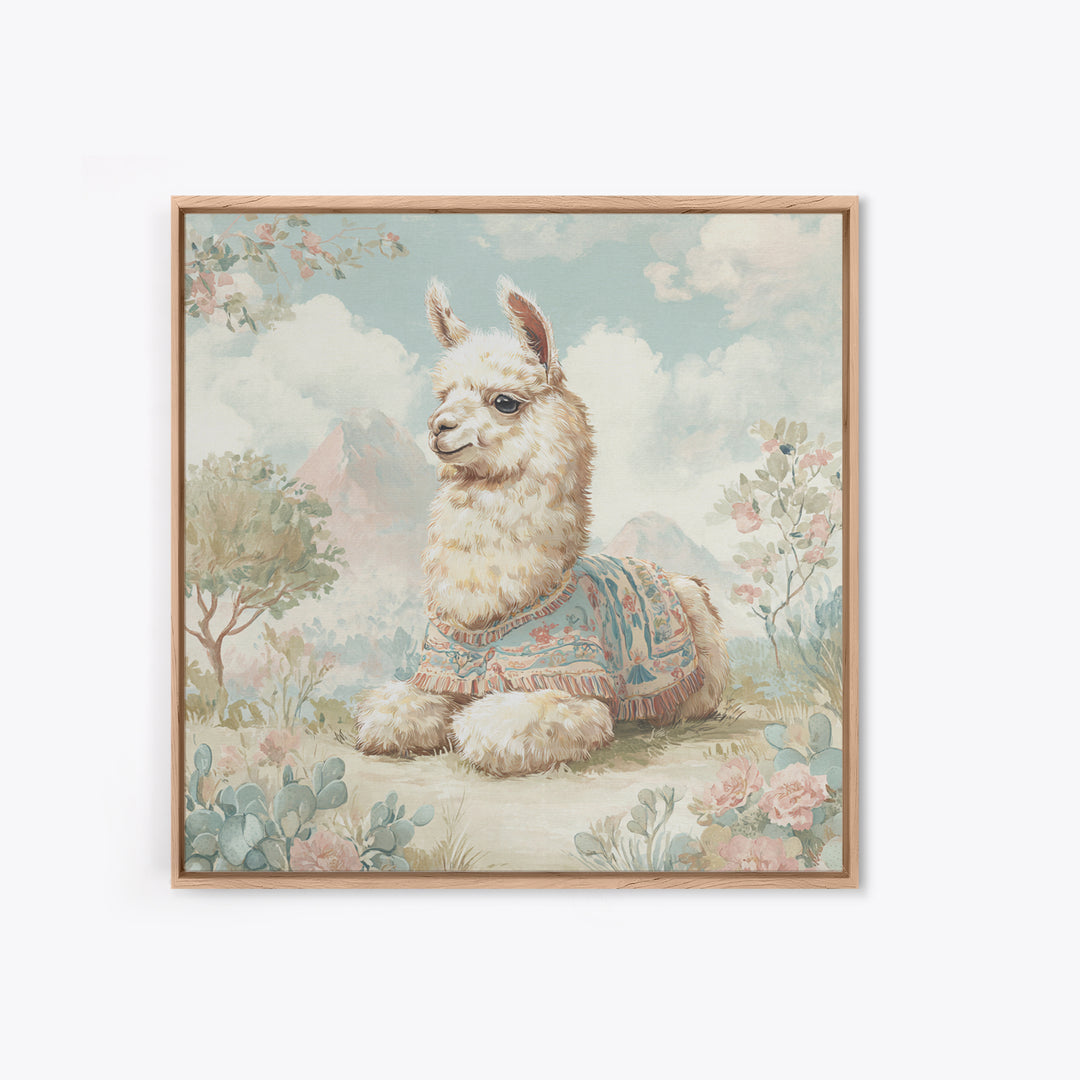 Cute Llama with Blanket Pattern Framed Canvas Print, Nursery Decor, Wall Art, Oil Painting, Nursery, Nursery Wall Decor, NDE-1x1-93