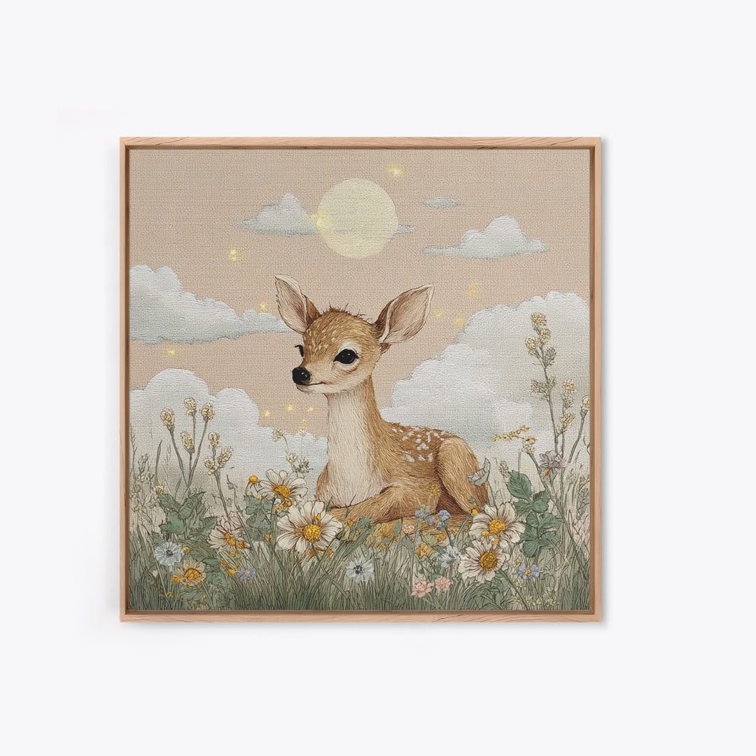 Baby Deer in Meadow with Fireflies Canvas Print, Nursery Decor, Modern Decor, Fine Art, Nursery, Wall Decor, Art Print, NDE-1x1-94