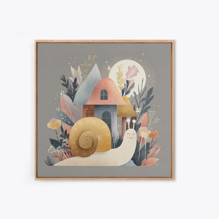 Garden Snail with Mushroom House Canvas Print, Nursery Decor, Fine Art Print, Watercolor Art, Nursery, Printable Wall Art, NDE-1x1-95