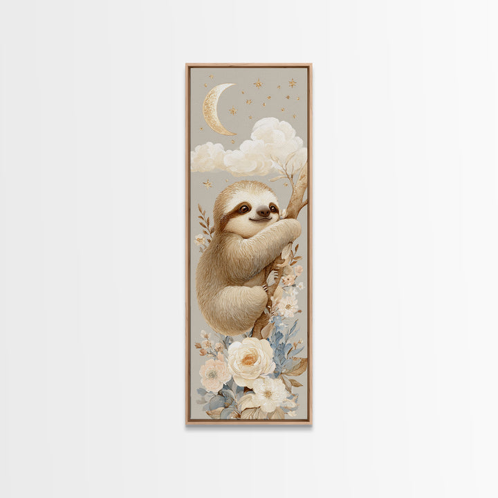 Sleepy Sloth Hanging from Branch Canvas Print, Nursery Decor, Neutral Decor, Oil Painting, Nursery, Home Decor, Wall Decor, NDE-1x3-18