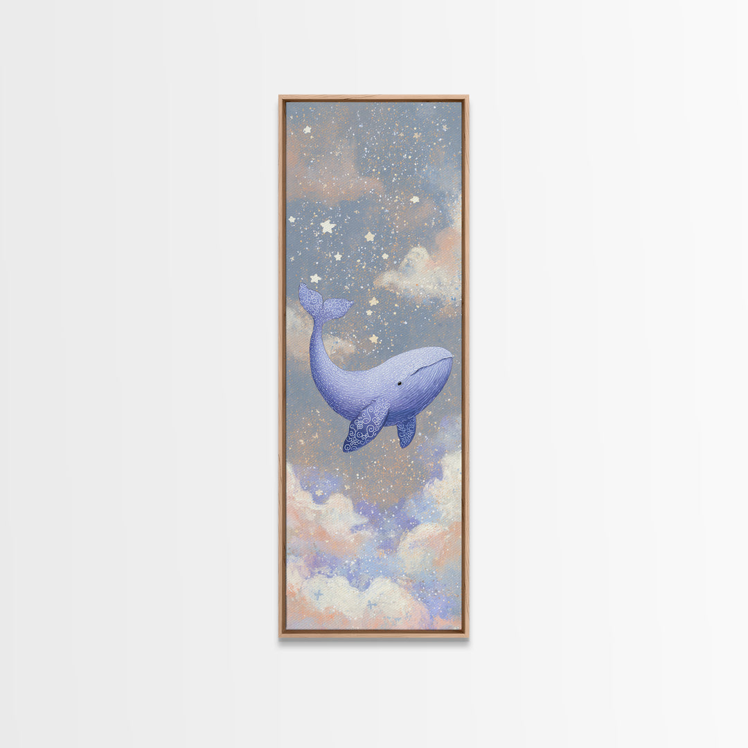 Baby Whale Swimming Through Stars Framed Canvas Print, Nursery Decor, Wall Decor, Fine Art, Nursery, Woodland Nursery Decor, NDE-1x3-20