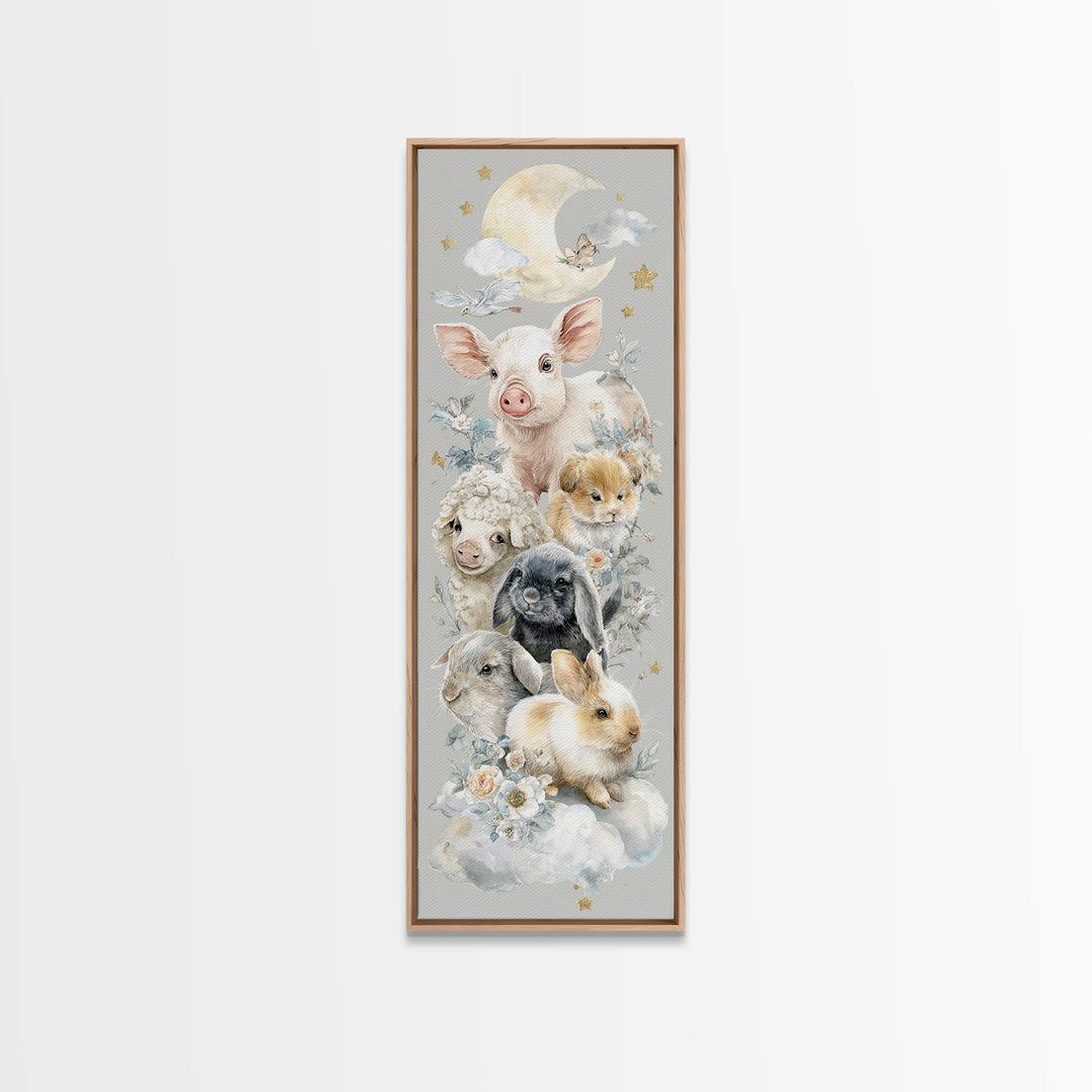 Farm Animals in Soft Watercolor Style Framed Canvas Print, Nursery Decor, Nursery Wall Decal, Oil Painting, Nursery, NDE-1x3-30