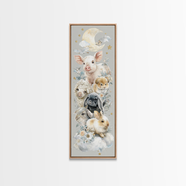 Farm Animals in Soft Watercolor Style Framed Canvas Print, Nursery Decor, Nursery Wall Decal, Oil Painting, Nursery, NDE-1x3-30