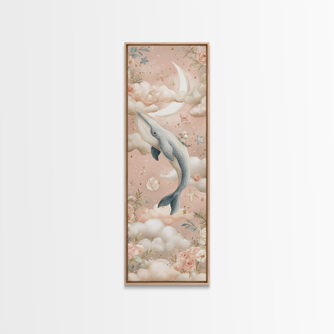 Baby Whale Swimming Through Stars Canvas Print, Nursery Decor, Framed Wall Art, Fine Art, Nursery, Safari Nursery Decor, NDE-1x3-44