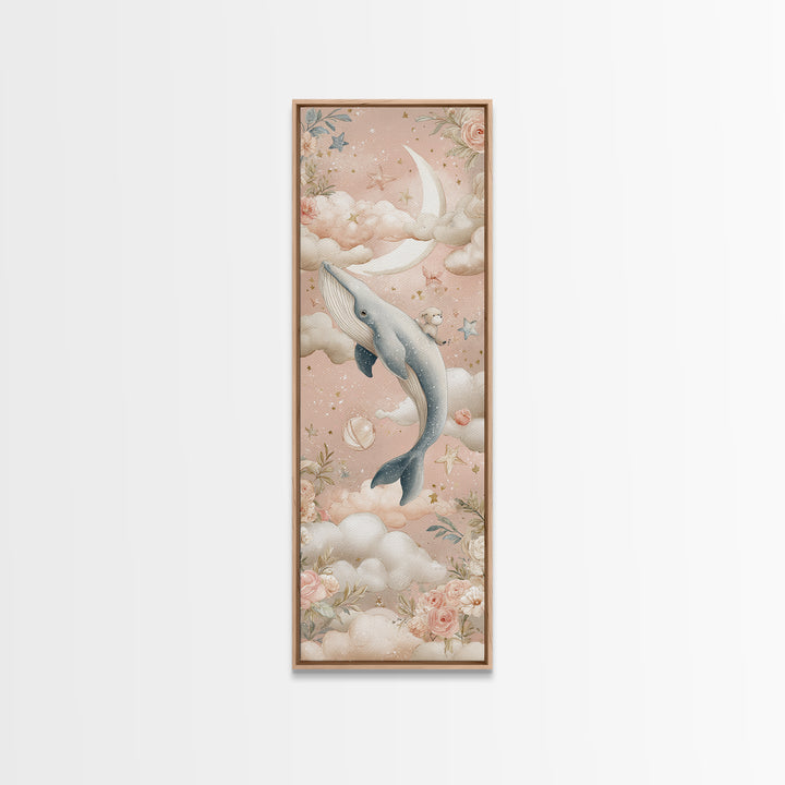 Baby Whale Swimming Through Stars Canvas Print, Nursery Decor, Framed Wall Art, Fine Art, Nursery, Safari Nursery Decor, NDE-1x3-44