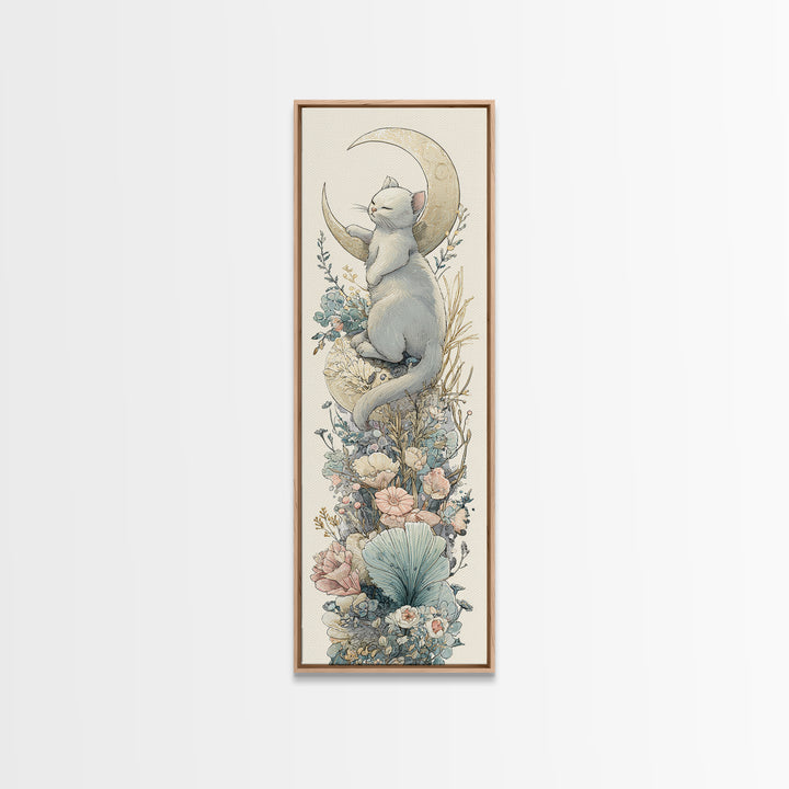 Sleeping Kitten on Crescent Moon Framed Canvas Print, Nursery Decor, Textured Painting, Fine Art, Nursery, Bedroom Decor, NDE-1x3-53