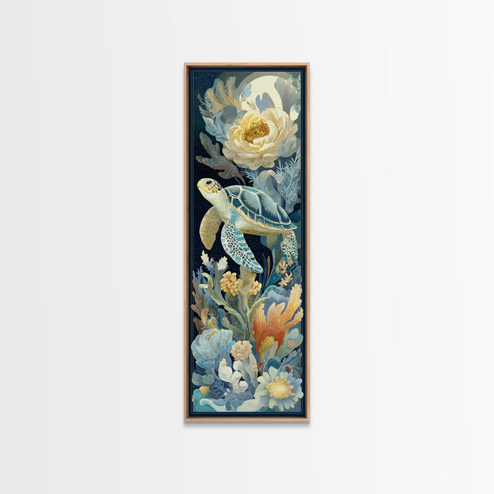 Tiny Turtle with Sea Plants Canvas Print, Nursery Decor, Floral Wallpaper, Oil Painting, Nursery, Fine Art Print, NDE-1x3-55