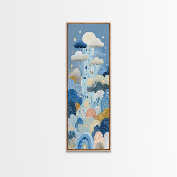 Cloud Rainbow and Raindrop Composition Framed Canvas Print, Nursery Decor, Wall Light, Fine Art, Nursery, Statement Artwork, NDE-1x3-80