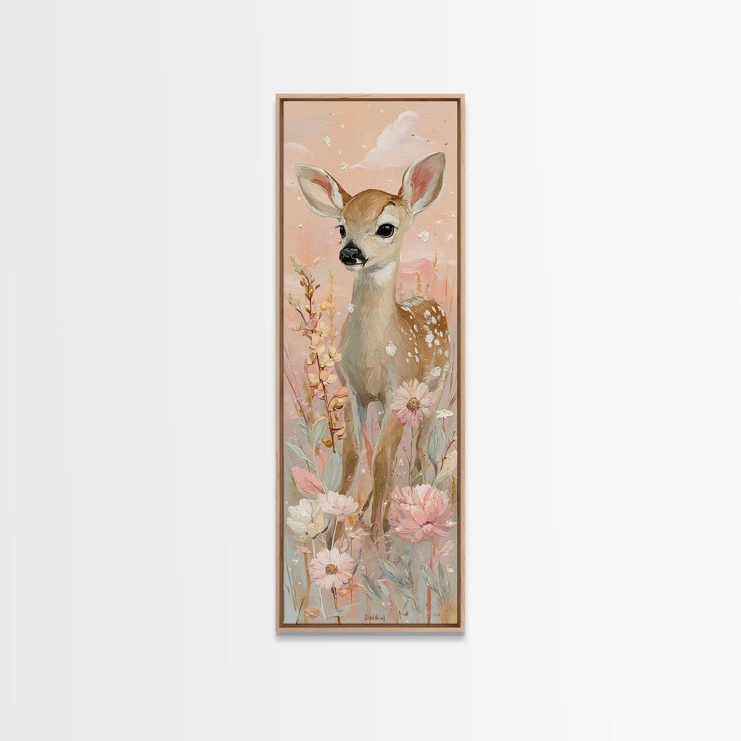 Baby Deer in Meadow with Fireflies Canvas Print, Nursery Decor, Boho Decor, Nursery, Nursery Wall Art, Framed Wall Art, NDE-1x3-82
