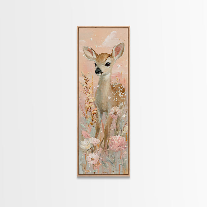 Baby Deer in Meadow with Fireflies Canvas Print, Nursery Decor, Boho Decor, Nursery, Nursery Wall Art, Framed Wall Art, NDE-1x3-82