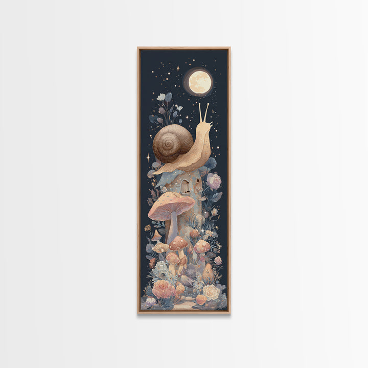 Garden Snail with Mushroom House Framed Canvas Print, Nursery Decor, Woodland Nursery, Watercolor Art, Nursery, NDE-1x3-83