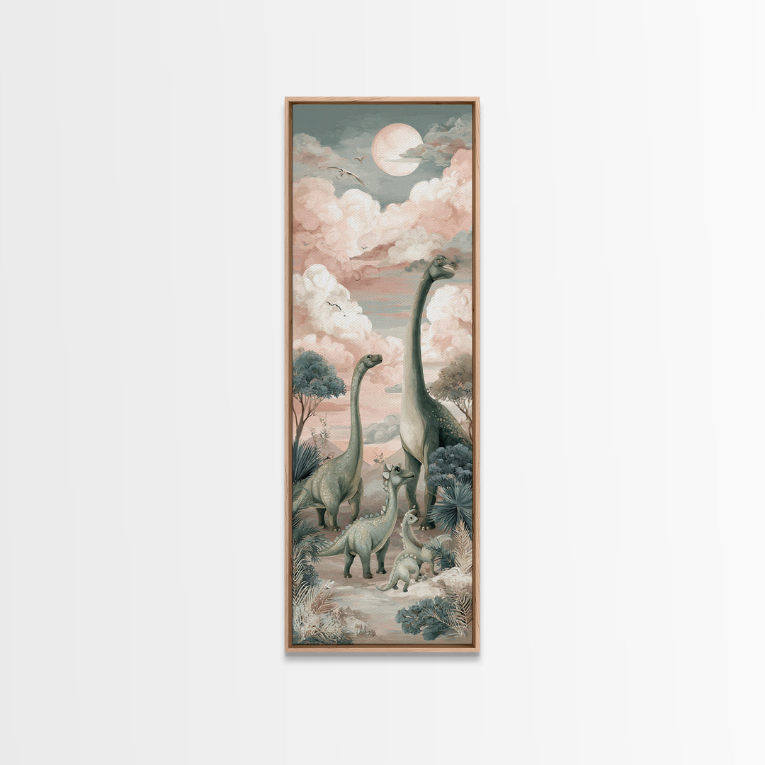 Gentle Dinosaur Family Framed Canvas Print, Nursery Decor, Boho Decor, Oil Painting, Nursery, Nursery Wall Art, Framed Wall Art, NDE-1x3-91
