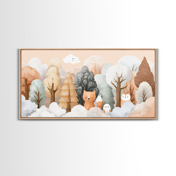 Fox and Owl Friends Framed Canvas Print, Nursery Decor, Contemporary Art, Fine Art, Nursery, Wall Decals, Nursery Wall Decor, NDE-2x1-10