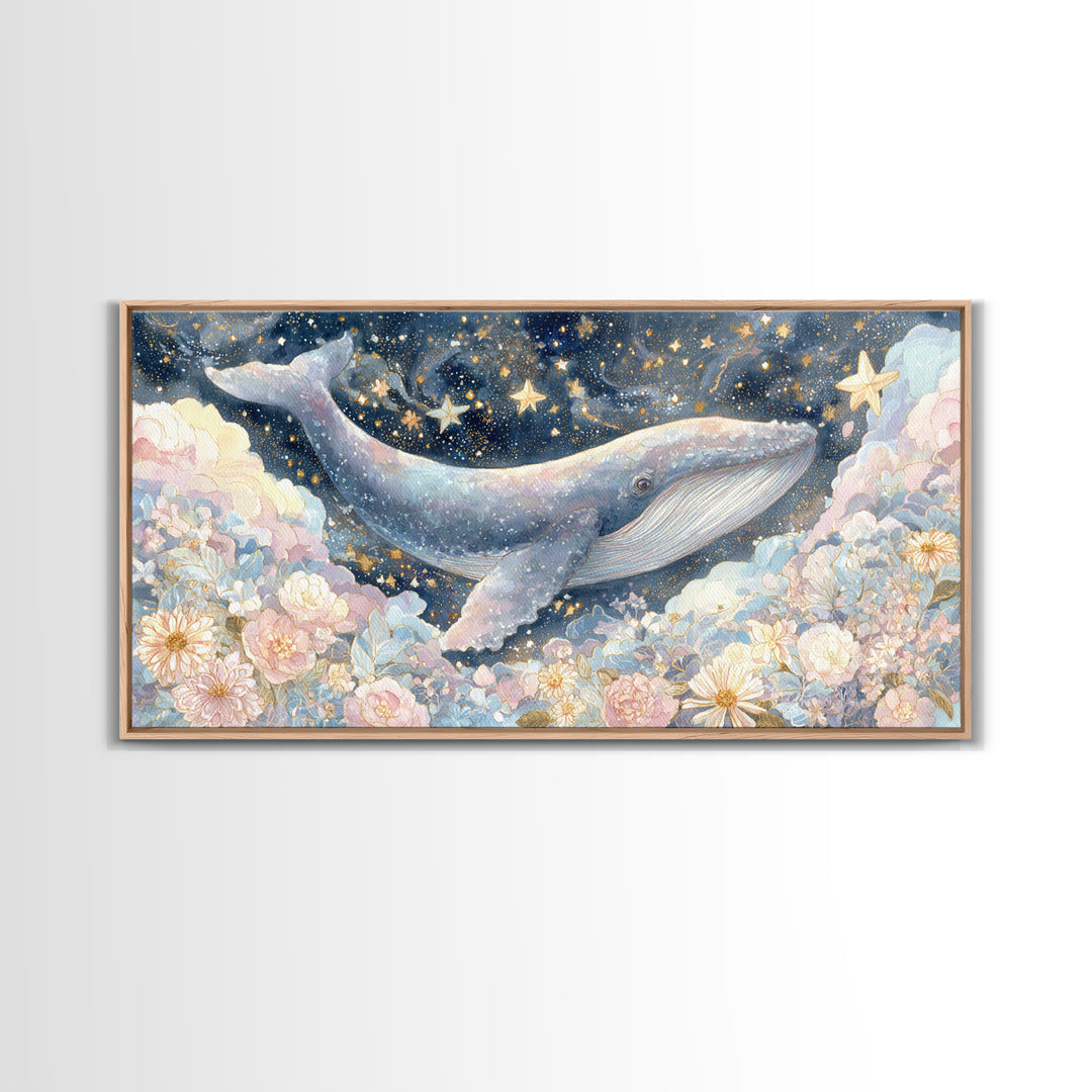 Baby Whale Swimming Through Stars Framed Canvas Print, Nursery Decor, Wall Light, Fine Art, Nursery, Statement Artwork, NDE-2x1-100