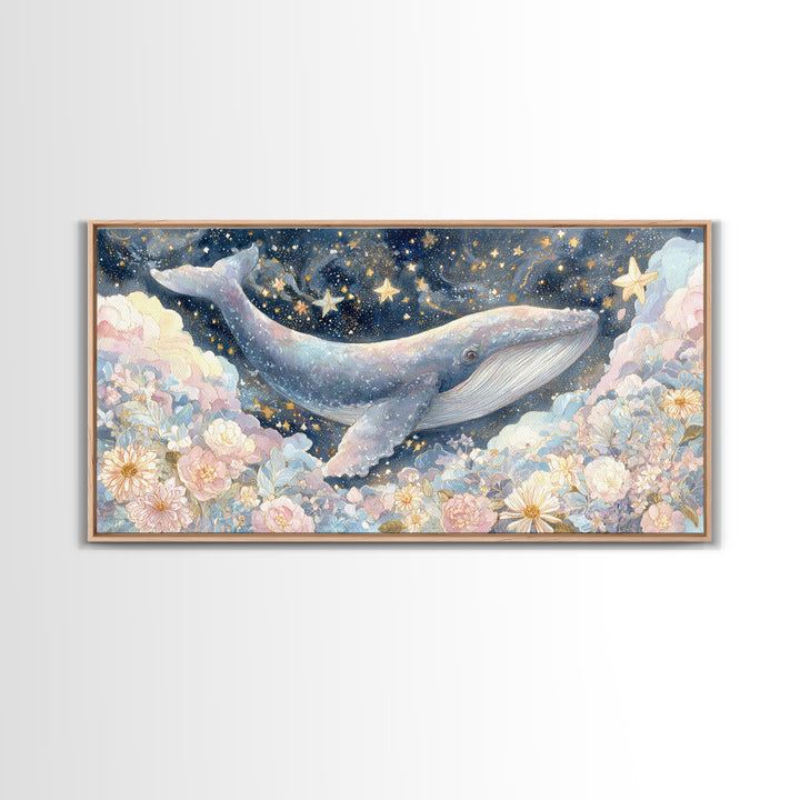 Baby Whale Swimming Through Stars Framed Canvas Print, Nursery Decor, Wall Light, Fine Art, Nursery, Statement Artwork, NDE-2x1-100