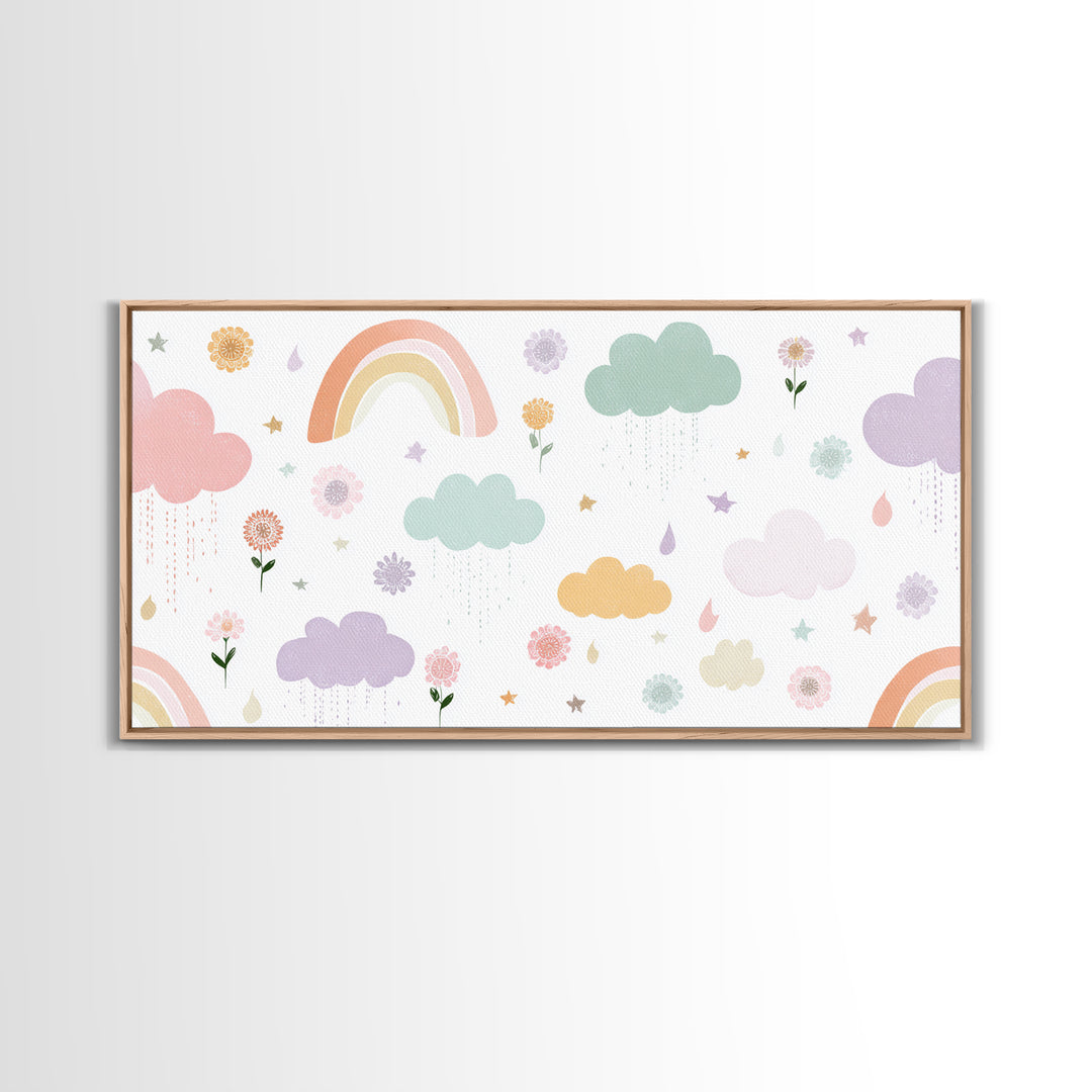 Cloud Rainbow and Raindrop Composition Framed Canvas Print, Nursery Decor, Fine Art Print, Fine Art, Nursery, NDE-2x1-16