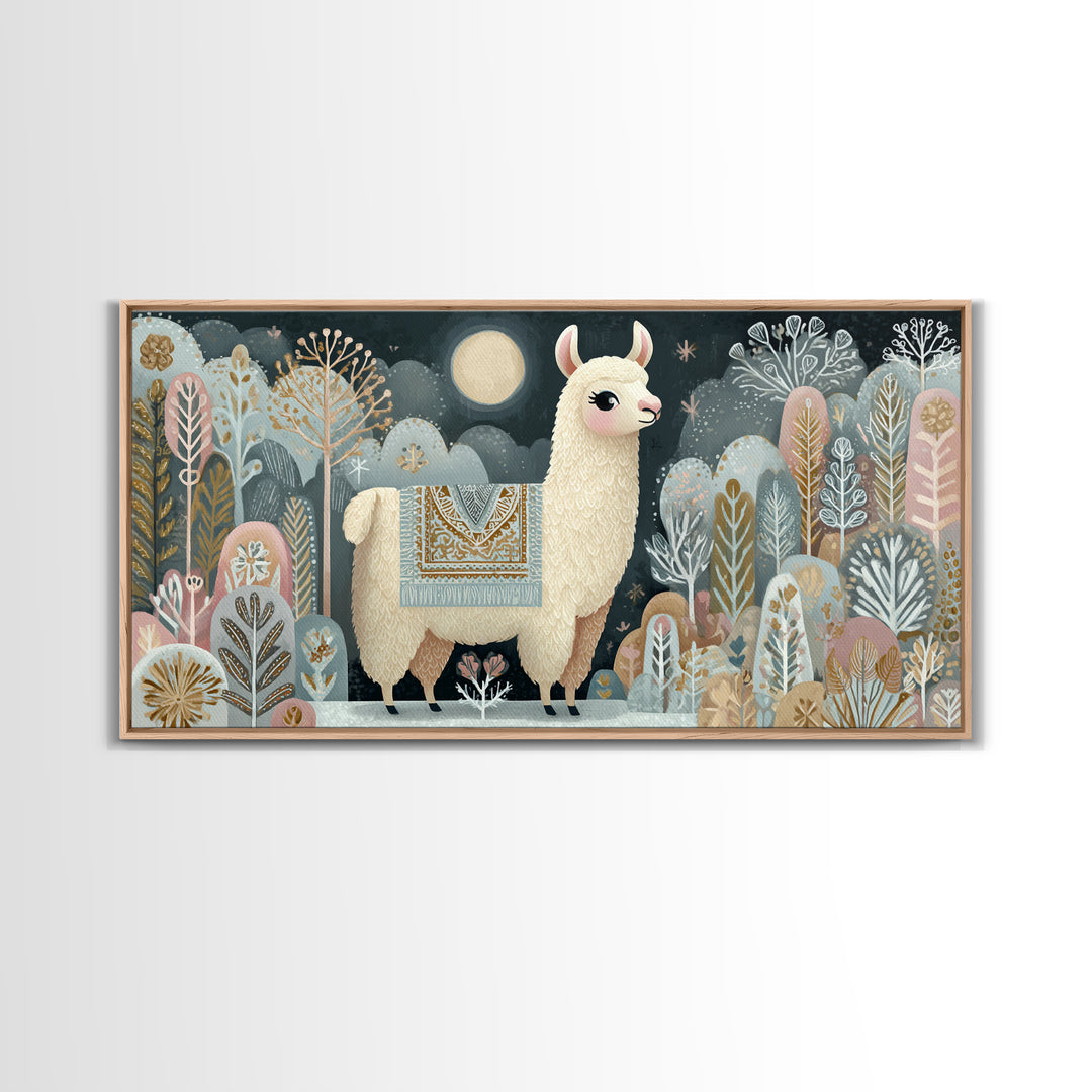 Cute Llama with Blanket Pattern Canvas Print, Nursery Decor, Nursery, Floral Wall Art, Botanical Wall Art, Floral Wallpaper, NDE-2x1-17