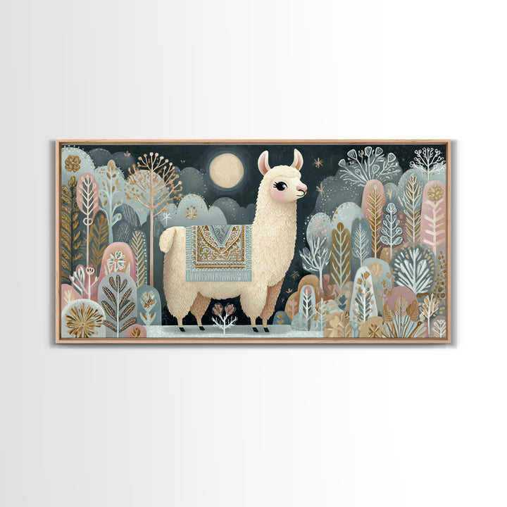 Cute Llama with Blanket Pattern Canvas Print, Nursery Decor, Nursery, Floral Wall Art, Botanical Wall Art, Floral Wallpaper, NDE-2x1-17