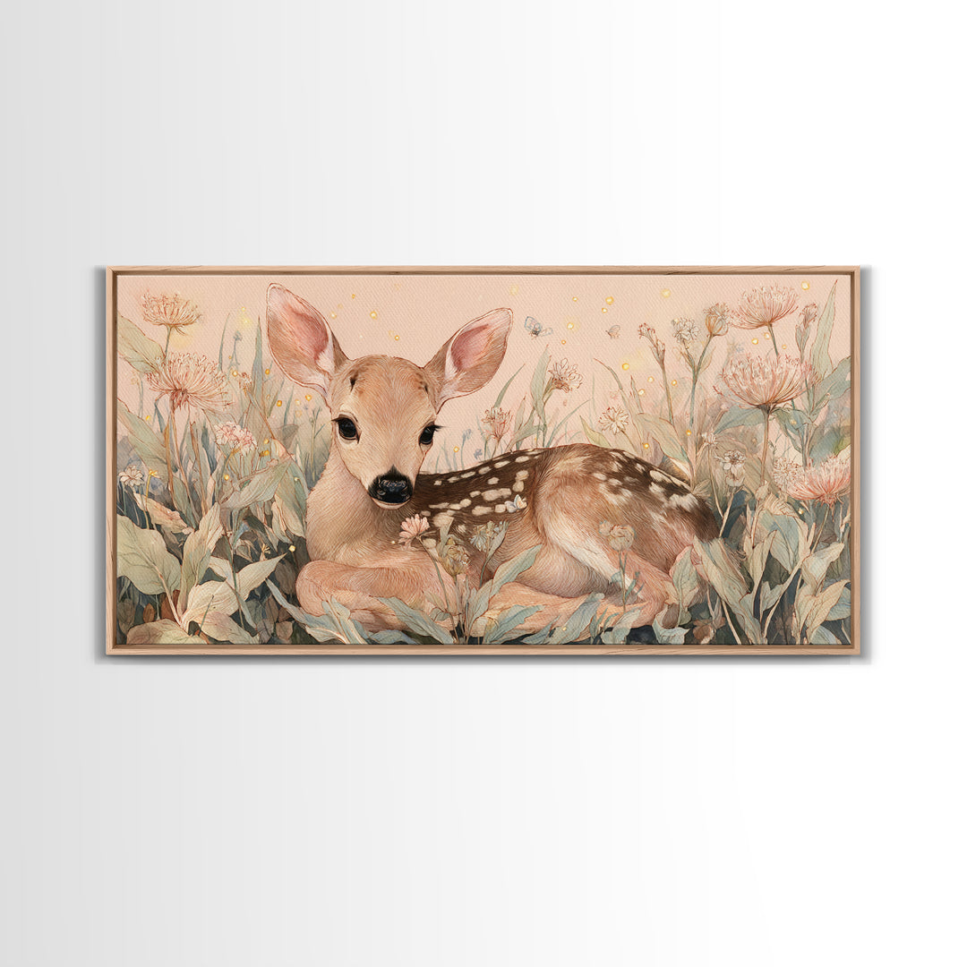 Baby Deer in Meadow with Fireflies Framed Canvas Print, Nursery Decor, Room Decor, Fine Art, Nursery, Framed Wall Art, NDE-2x1-18