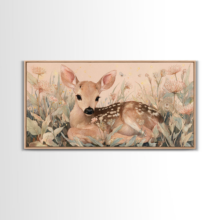 Baby Deer in Meadow with Fireflies Framed Canvas Print, Nursery Decor, Room Decor, Fine Art, Nursery, Framed Wall Art, NDE-2x1-18